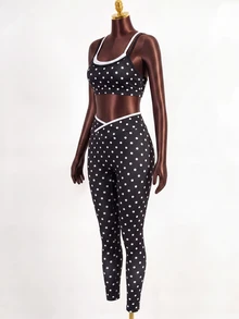 Sirith Polka Dot Colorblock Trim Camisole Fitness Set, High Waist Butt Lifting Yoga Pants 2 Pieces Set - Multicolor - View 7