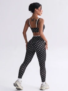 Sirith Polka Dot Colorblock Trim Camisole Fitness Set, High Waist Butt Lifting Yoga Pants 2 Pieces Set - Multicolor - View 6