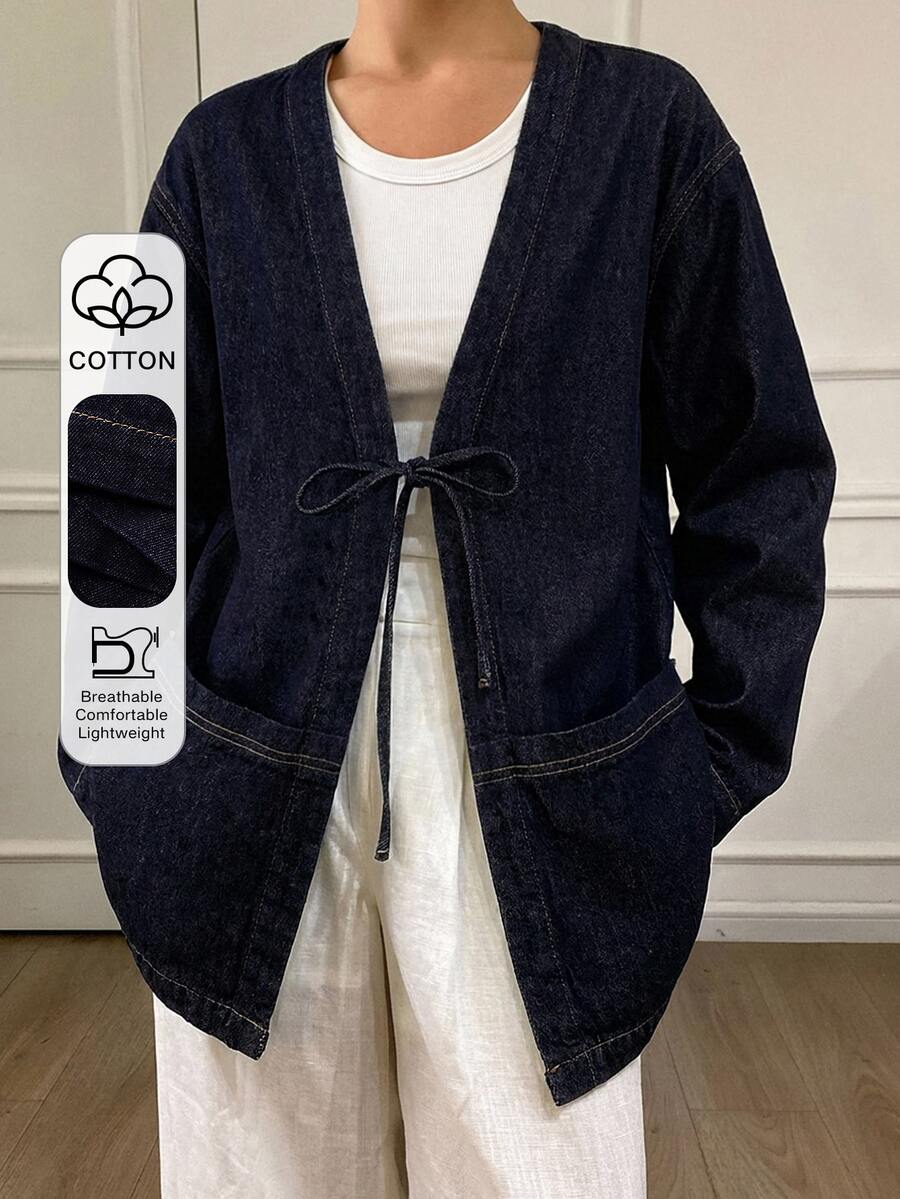 Livesso Women's Lace-Up Loose Denim Jacket, Autumn - Blue - View 1