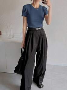 DAZY Slim Fit Solid Color Round Neck Short Sleeve Casual T-Shirt For Women - Dusty Blue - View 5