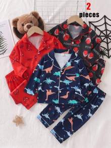 SHEIN Autumn/Winter Thin Knit Milk Silk Double-Brushed Flame-Retardant Fabric Baby Boy Hot-Selling Digital Print Pattern Top And Bottom Set, Button-Front Long Sleeve Long Pants 2-Piece Pajamas Loungewear - Multicolor - View 1