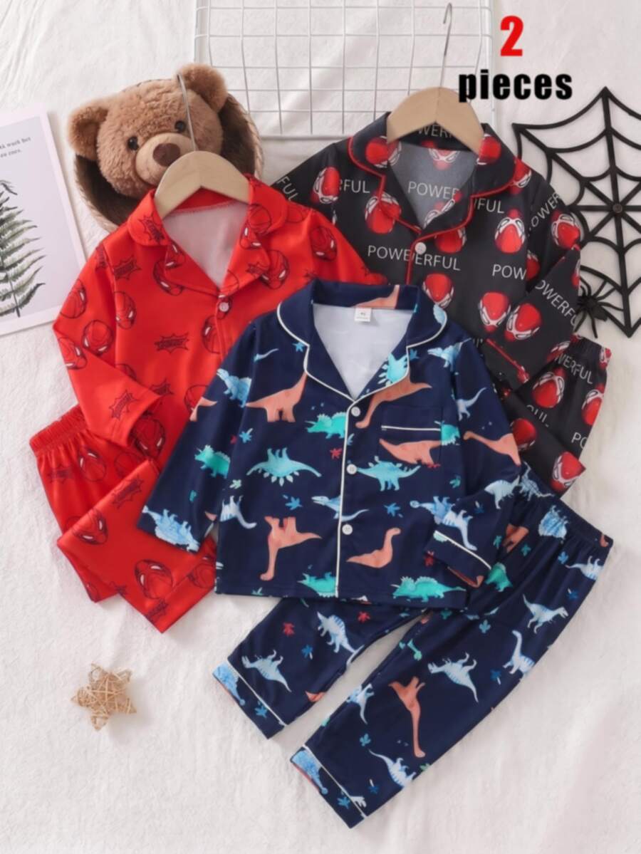 SHEIN Autumn/Winter Thin Knit Milk Silk Double-Brushed Flame-Retardant Fabric Baby Boy Hot-Selling Digital Print Pattern Top And Bottom Set, Button-Front Long Sleeve Long Pants 2-Piece Pajamas Loungewear - Multicolor - View 1