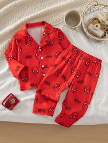 SHEIN Autumn/Winter Thin Knit Milk Silk Double-Brushed Flame-Retardant Fabric Baby Boy Hot-Selling Digital Print Pattern Top And Bottom Set, Button-Front Long Sleeve Long Pants 2-Piece Pajamas Loungewear - Multicolor - View 2