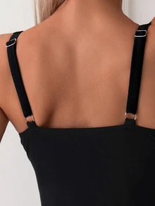 Swim Basics Summer Beach Solid Color Shell Edge Design Slim Fit One Piece Swimsuit Black Bathing Suit - Black - View 3