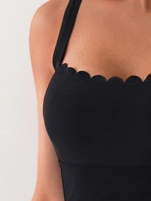 Swim Basics Summer Beach Solid Color Shell Edge Design Slim Fit One Piece Swimsuit Black Bathing Suit - Black - View 2