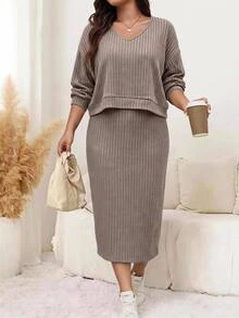 SHEIN LUNE Plus Size Autumn Casual Top & Dress 2 Pieces Set - Khaki - View 10