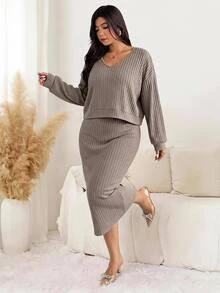 SHEIN LUNE Plus Size Autumn Casual Top & Dress 2 Pieces Set - Khaki - View 8