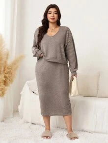 SHEIN LUNE Plus Size Autumn Casual Top & Dress 2 Pieces Set - Khaki - View 3