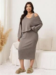 SHEIN LUNE Plus Size Autumn Casual Top & Dress 2 Pieces Set - Khaki - View 6