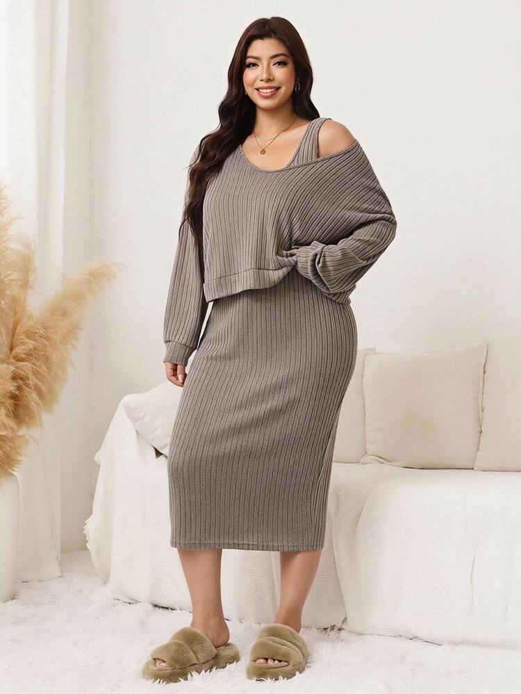 SHEIN LUNE 大尺碼秋季休閒上衣與洋裝兩件套 - 卡其色 - 查看 6