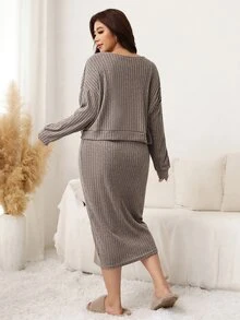 SHEIN LUNE Plus Size Autumn Casual Top & Dress 2 Pieces Set - Khaki - View 2