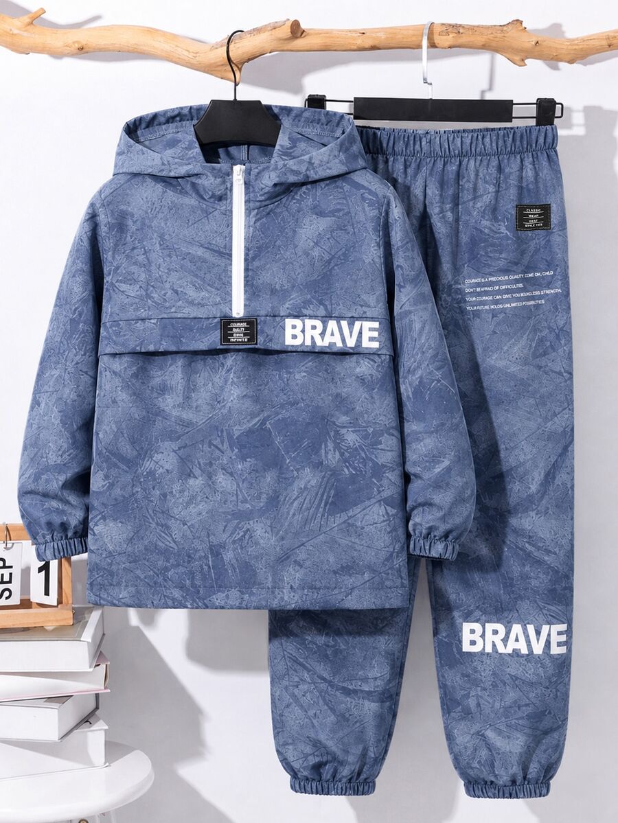 SHEIN 青少年男孩半拉鍊連帽外套與慢跑長褲2件套,休閒運動風,適合秋冬 - 彩色 - 查看 1