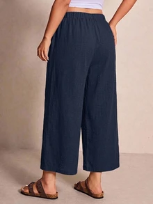 SHEIN Frenchy Casual Minimalist Navy Blue Plus Size Pants Fall - Navy Blue - View 3