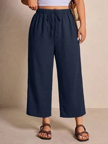 SHEIN Frenchy Casual Minimalist Navy Blue Plus Size Pants Fall - Navy Blue - View 6