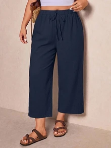 SHEIN Frenchy Casual Minimalist Navy Blue Plus Size Pants Fall - Navy Blue - View 2