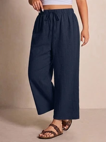 SHEIN Frenchy Casual Minimalist Navy Blue Plus Size Pants Fall - Navy Blue - View 5