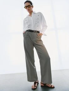 MOTF PREMIUM MINIMALIST FRENCH PLAID PRINT STRAIGHT LEG ANKLE PANTS WITH BELT - Black and White - View 6