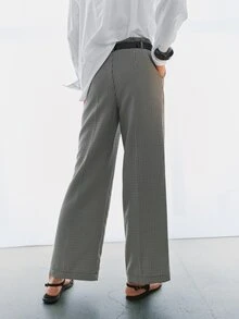 MOTF PREMIUM MINIMALIST FRENCH PLAID PRINT STRAIGHT LEG ANKLE PANTS WITH BELT - Black and White - View 8