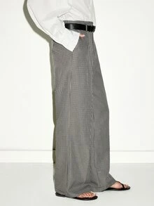 MOTF PREMIUM MINIMALIST FRENCH PLAID PRINT STRAIGHT LEG ANKLE PANTS WITH BELT - Black and White - View 4