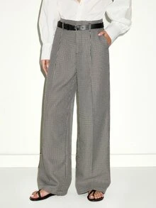 MOTF PREMIUM MINIMALIST FRENCH PLAID PRINT STRAIGHT LEG ANKLE PANTS WITH BELT - Black and White - View 3