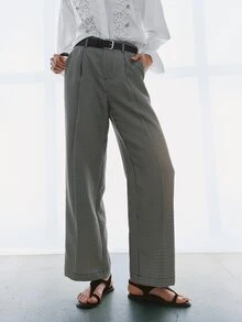 MOTF PREMIUM MINIMALIST FRENCH PLAID PRINT STRAIGHT LEG ANKLE PANTS WITH BELT - Black and White - View 7