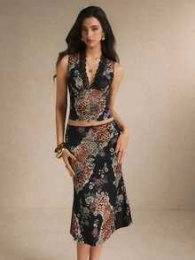 Poéselle 女款夏季豹紋花卉印花兩件式裙裝套裝－蕾絲飾邊V領短版上衣與裙子，優雅Y2K時尚，適合節慶與外出 - 黑色 - 查看 2