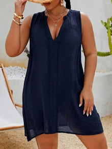 SHEIN Swim Curve 大尺碼缺口領無袖罩衫，適合度假與休閒穿著 - 藏蓝色 - 查看 5