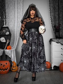 Whyspr Vestido de manga larga de malla transparente con estampado de telaraña y murciélagos en todo el Body, estilo oscuro grunge gótico punk, talla grande para mujer, negro y blanco, otoño - Negro - Ver 4
