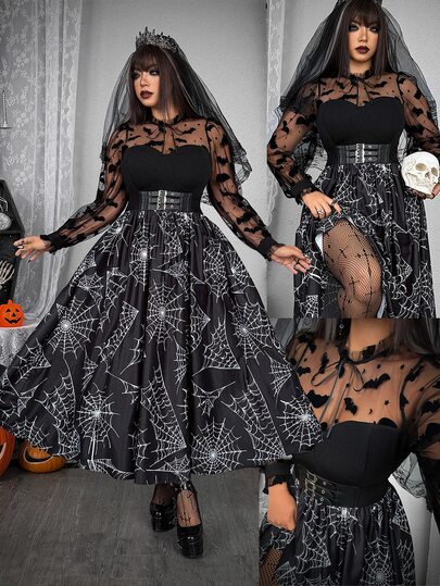 Whyspr Halloween Grunge Goth Punk Plus Size Women's Spider Web All-Over Print Dark Style Bat Sheer Mesh Long Sleeve Dress Black And White Autumn