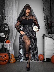 Whyspr Vestido de manga larga de malla transparente con estampado de telaraña y murciélagos en todo el Body, estilo oscuro grunge gótico punk, talla grande para mujer, negro y blanco, otoño - Negro - Ver 5