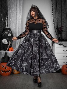 Whyspr Vestido de manga larga de malla transparente con estampado de telaraña y murciélagos en todo el Body, estilo oscuro grunge gótico punk, talla grande para mujer, negro y blanco, otoño - Negro - Ver 3