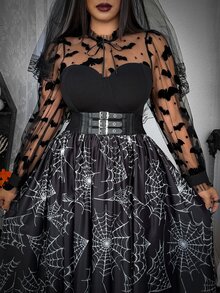 Whyspr Vestido de manga larga de malla transparente con estampado de telaraña y murciélagos en todo el Body, estilo oscuro grunge gótico punk, talla grande para mujer, negro y blanco, otoño - Negro - Ver 6
