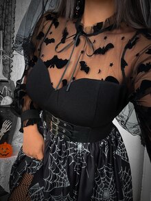 Whyspr Vestido de manga larga de malla transparente con estampado de telaraña y murciélagos en todo el Body, estilo oscuro grunge gótico punk, talla grande para mujer, negro y blanco, otoño - Negro - Ver 7
