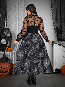 Whyspr Vestido de manga larga de malla transparente con estampado de telaraña y murciélagos en todo el Body, estilo oscuro grunge gótico punk, talla grande para mujer, negro y blanco, otoño - Negro - Ver 2