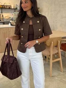 Serisse Women's Solid Color Short Sleeve Button Design Casual Vintage Elegant Lightweight Jacket Breakfast Diner Party Dark Brown Fall Outfit - Brown - View 3