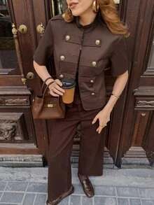 Serisse Women's Solid Color Short Sleeve Button Design Casual Vintage Elegant Lightweight Jacket Breakfast Diner Party Dark Brown Fall Outfit - Brown - View 10