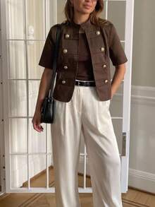 Serisse Women's Solid Color Short Sleeve Button Design Casual Vintage Elegant Lightweight Jacket Breakfast Diner Party Dark Brown Fall Outfit - Brown - View 5