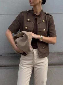 Serisse Women's Solid Color Short Sleeve Button Design Casual Vintage Elegant Lightweight Jacket Breakfast Diner Party Dark Brown Fall Outfit - Brown - View 4