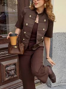 Serisse Women's Solid Color Short Sleeve Button Design Casual Vintage Elegant Lightweight Jacket Breakfast Diner Party Dark Brown Fall Outfit - Brown - View 9