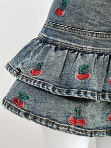 SHEIN PETITE 女款荷葉邊下擺牛仔迷你裙 - 中等水洗藍 - 查看 6