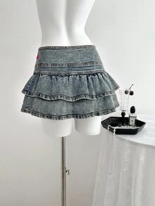 SHEIN PETITE 女款荷葉邊下擺牛仔迷你裙 - 中等水洗藍 - 查看 2