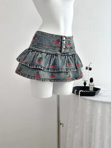 SHEIN PETITE 女款荷葉邊下擺牛仔迷你裙 - 中等水洗藍 - 查看 4