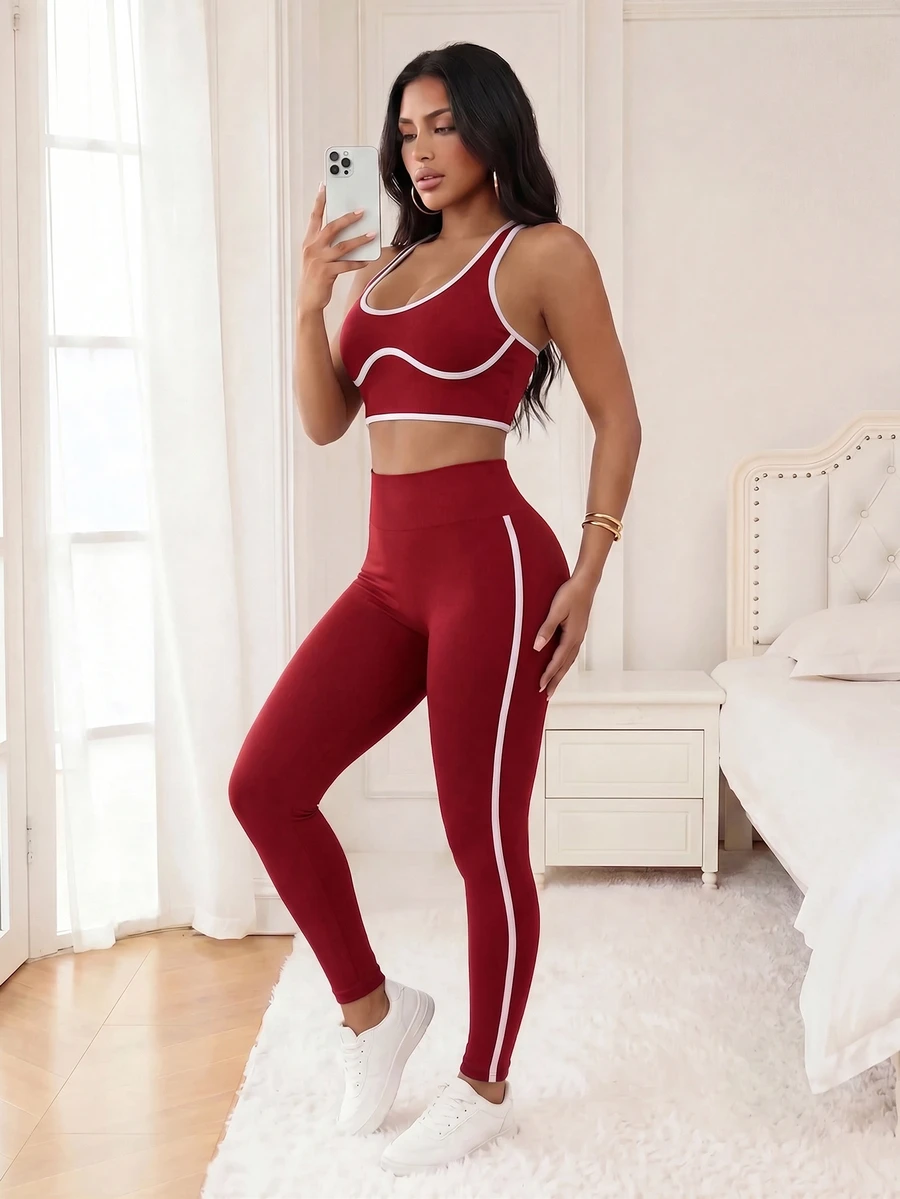 SHEIN Sports Women's Piped Halter Tank Top And Leggings Sports Set - Burgundy - View 1