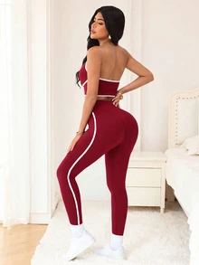 SHEIN Sports Women's Piped Halter Tank Top And Leggings Sports Set - Burgundy - View 2