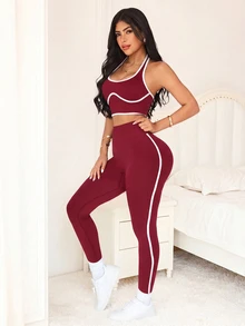 SHEIN Sports Women's Piped Halter Tank Top And Leggings Sports Set - Burgundy - View 4