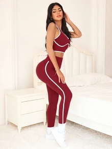 SHEIN Sports Women's Piped Halter Tank Top And Leggings Sports Set - Burgundy - View 5