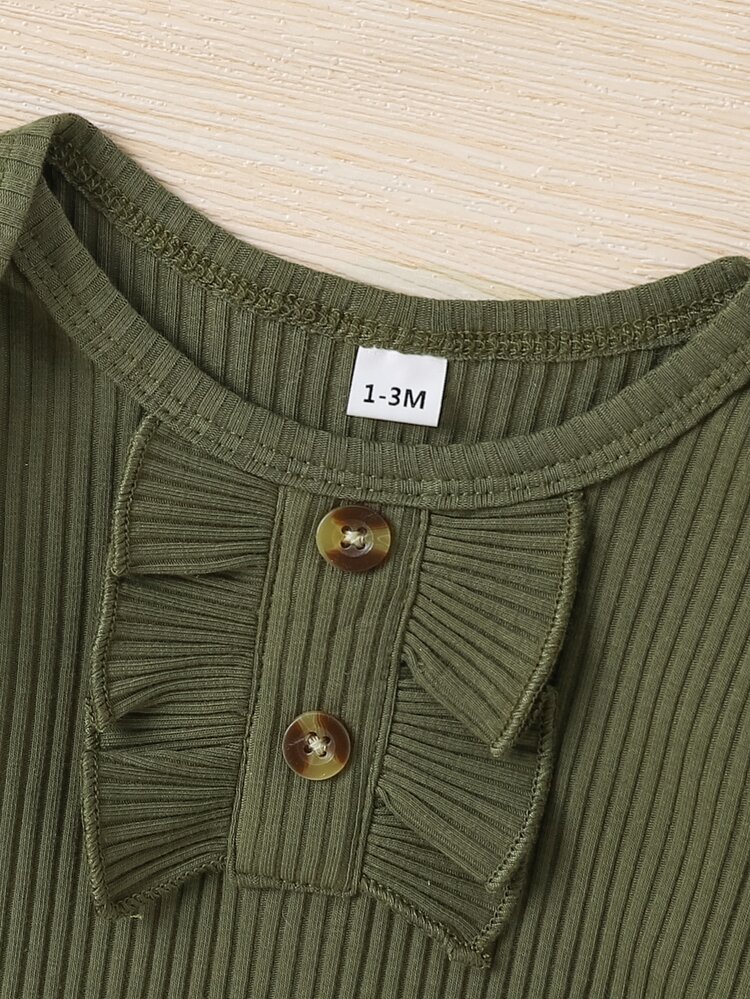 Baby Girl Fashion Minimalist Ruffled Long Sleeve Bodysuit & Camouflage Print Bow Casual Pants Set, Spring - Army Green - View 4