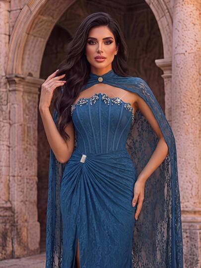 Aureia Vestido de Noite Formal Elegante e Clássico para Mulheres, em Renda Transparente com Decote Assimétrico, Barbatanas de Peixe, Cintura com Pérolas Artesanais Pesadas, Saia Bodycon Plissada em Formato de Leque com Barra Evasê e Painéis Destacáveis, Estilo Influenciadora Digital, para Celebrações de Feriados, Casamentos, Bailes, Concertos, Banquetes de Negócios e Eventos como Convidada