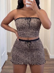 Slaydiva Plus Size Leopard Print Bandeau Top And Skirt 2 Pieces Set - Brown - View 7