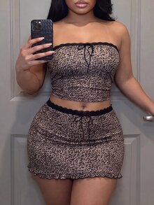 Slaydiva Plus Size Leopard Print Bandeau Top And Skirt 2 Pieces Set - Brown - View 2